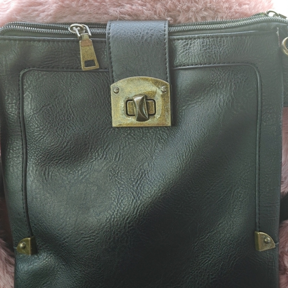 Black Rivet Dark Crossbody Bag with Brass Details